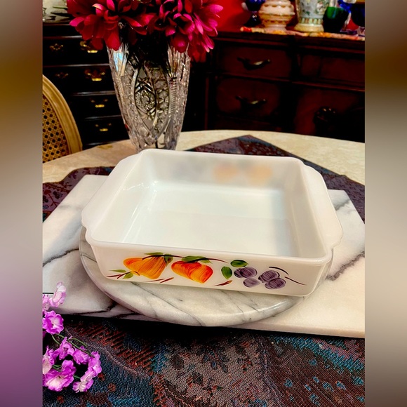 Anchor Hocking Fire King Gay Fad Fruit Milk Glass 8” Sq. Baking Dish w handles - Picture 4 of 10